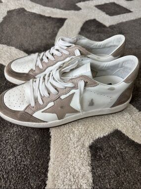Golden Goose Ball Stars White Leather Sneakers with Taupe Star Accent Limited